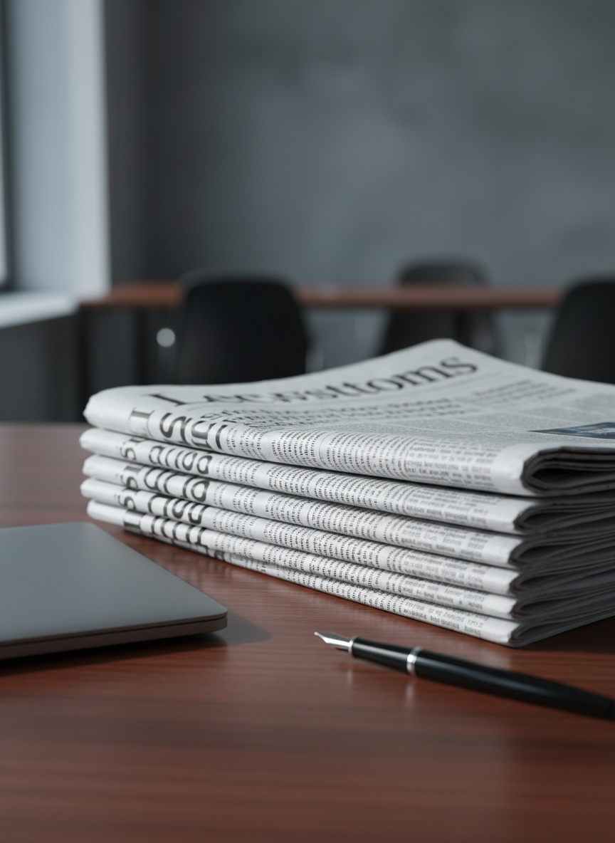 A neatly stacked collection of broadsheet newspapers with crisp, slightly textured pages, each front page displaying bold black headlines and dense columns of fine-print text, all rendered generically with no readable words. The stack rests on a smooth, dark wooden newsroom table, beside a closed matte-silver laptop and a simple black fountain pen. Cool, diffused daylight from an unseen window washes across the scene, creating soft, directional shadows and gentle highlights along the paper edges. Photographed at eye level with a shallow depth of field, the front newspaper is in sharp focus while the background falls into a subtle blur. The mood is professional and measured, evoking serious, fact-driven journalism in a clean, modern, photographic realism style.