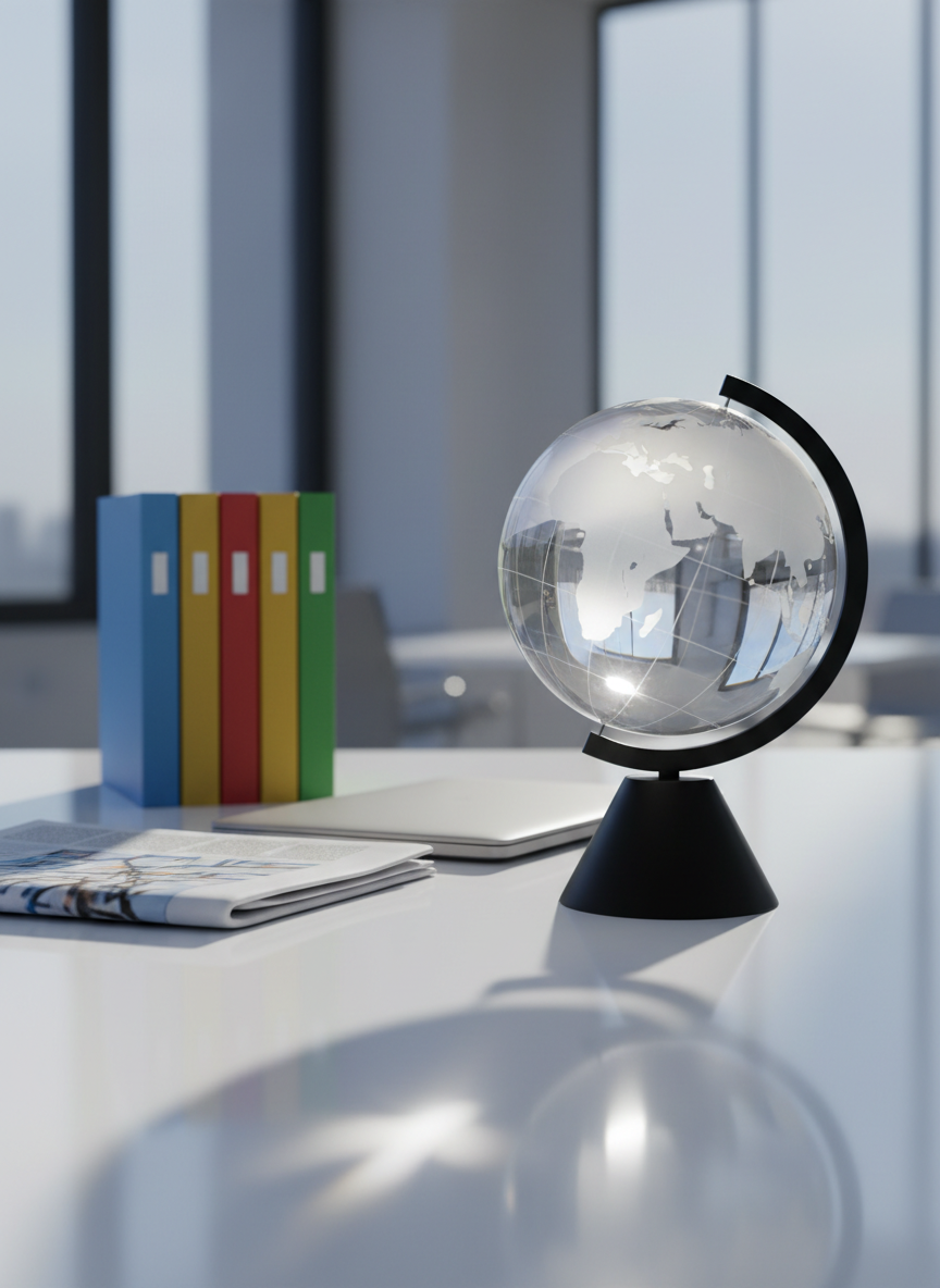 A large, transparent globe made of clear glass, engraved with finely detailed continents, resting on a matte black stand atop a minimalist white desk. Around the globe, neatly arranged are slim, color-coded folders, a closed laptop, and a single folded newspaper with an abstract, non-readable front page. Cool daylight from a nearby window creates delicate highlights along the globe’s curvature and crisp reflections on the desk’s smooth surface, while casting a soft, elongated shadow behind. The atmosphere is global, analytical, and forward-looking. Captured at an eye-level angle with the globe placed on the right third of the frame, the background softly blurred to suggest a modern office. The photographic realism style emphasizes clarity, transparency, and global perspective, aligning with the ideals of public-serving news coverage.