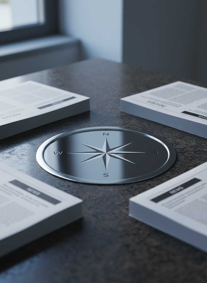 A polished stainless steel compass rose embedded in a dark granite tabletop, each cardinal point etched with crisp precision, symbolizing guidance in journalism. Around it lie neatly stacked, minimalist newsprint pages with clean typography and small, blurred headline blocks. Soft, cool daylight from an unseen window grazes the metal, creating subtle reflections and gentle shadows across the granite. The mood is professional and focused, suggesting clear direction in news reporting. Photographed at an eye-level angle with a slight tilt, using shallow depth of field to keep the compass rose sharply in focus while the papers fade into a soft bokeh, in a clean, modern, photographic realism style suitable for a serious news brand.