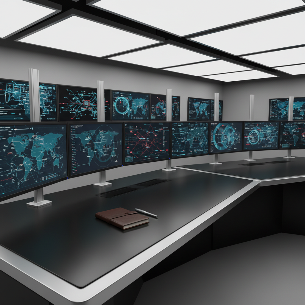 A sleek, ultra-modern newsroom control desk without operators, covered with high-resolution monitors displaying abstracted, de-identified data visualizations, graphs, and world maps in cool blues and muted reds. The desk surface is matte black with brushed metal edges, immaculately organized, with a single closed leather-bound notebook and a pen resting beside it. Overhead, diffused LED panel lighting casts even, neutral illumination, eliminating harsh shadows while adding a subtle sheen to metallic surfaces. The atmosphere feels calm yet vigilant, embodying professionalism and constant awareness. Captured from a slightly elevated three-quarter view, with strong leading lines from the desk and monitor stands drawing the eye into the frame. The composition favors sharp focus throughout, in a photographic realism style emphasizing clarity, precision, and trustworthiness.