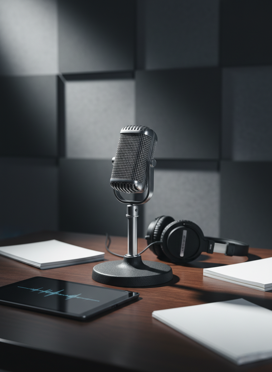 A sturdy, vintage-style microphone on a heavy metal base, positioned at the center of a clean, dark wood desk, surrounded by organized stacks of blank notepads, a digital tablet showing a minimalist waveform, and a pair of closed, high-quality headphones. Behind, a textured acoustic panel wall in muted charcoal tones adds depth without distraction. A single directional studio light from the upper left creates dramatic side lighting, emphasizing the microphone’s fine metallic mesh and casting a confident, elongated shadow across the desk. The mood is serious, authoritative, and trustworthy, ideal for investigative audio journalism. Shot in tight, cinematic framing at a slightly low angle, with a shallow depth of field isolating the microphone in crisp focus. The image has a modern, photographic, broadcast-quality aesthetic that conveys professionalism and credibility.