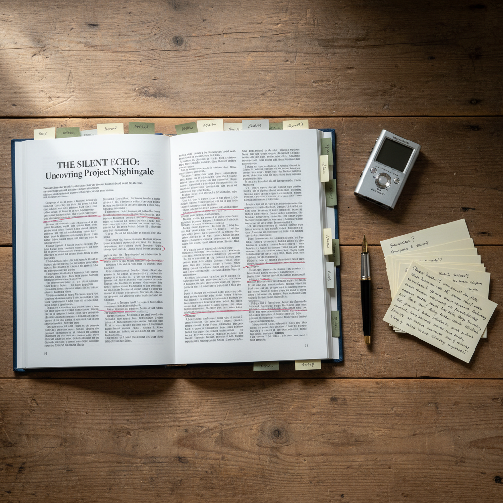 An open, hardcover investigative report laid flat on a wooden table, its pages filled with neatly aligned black-and-white text, red underlines, and adhesive page markers in muted tones. Next to it rests a small digital audio recorder, a fountain pen, and a stack of index cards covered in tidy, handwritten notes that are mostly unreadable but hint at research. Soft overcast window light spills across the scene from the left, creating graceful shadows along the page edges and a gentle gradient on the table’s grain. The mood is diligent and meticulous, evoking serious, in-depth journalism. Photographed from directly above in a clean, documentary style, with sharp focus on every object and a balanced, rule-of-thirds composition, reinforcing a sense of methodical, careful reporting in realistic, professional photographic detail.