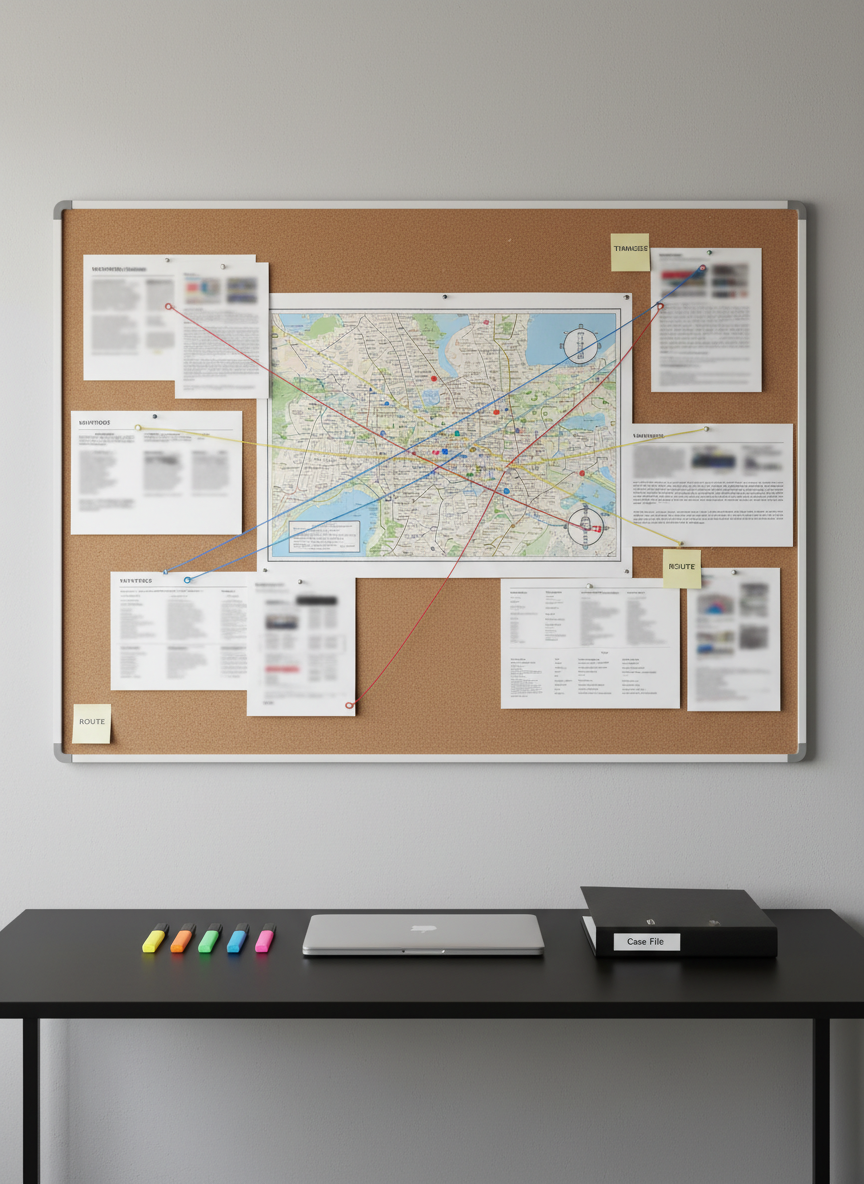 A large, wall-mounted corkboard in a minimalist office, covered with neatly pinned documents, printed charts, and a central city map, all with sensitive details intentionally blurred. Colored string connects various points on the map to headlines and small sticky notes labeled with simple keywords. A matte black desk below holds an orderly row of highlighters, a closed laptop, and a slim binder labeled "Case File" in unobtrusive type. Soft, indirect daylight illuminates the board from above, creating gentle, readable contrast without harsh glare. The atmosphere is methodical and investigative, suggesting complex stories untangled for the public good. Photographed from a straight-on perspective with moderate depth of field, the composition keeps the corkboard dominant while the desk anchors the frame, rendered in crisp photographic realism with a professional, analytical tone.