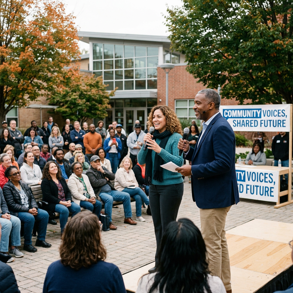Two speakers holding microphones and engaging a seated and standing audience outdoors during a community event with signs reading 'Community Voices, Shared Future'