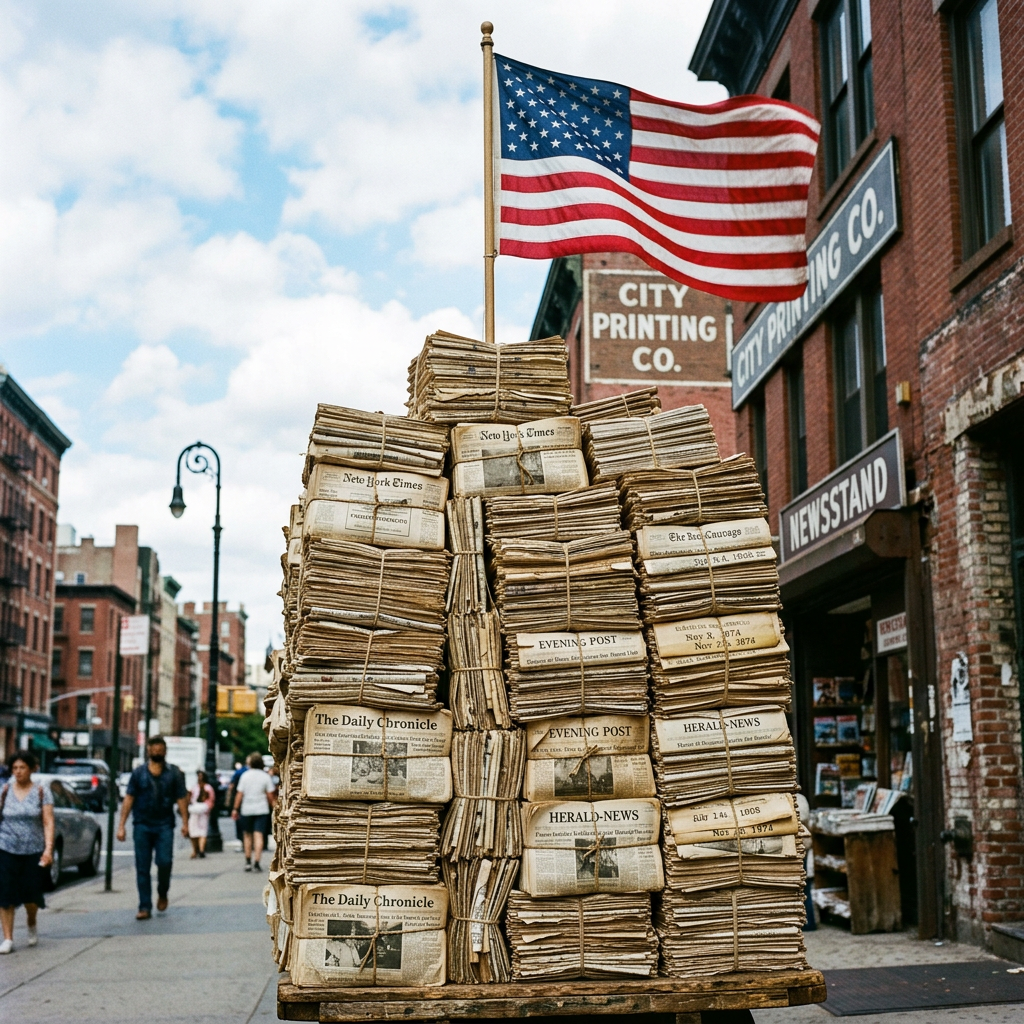 Bundles of old newspapers stacked on a cart with an American flag above